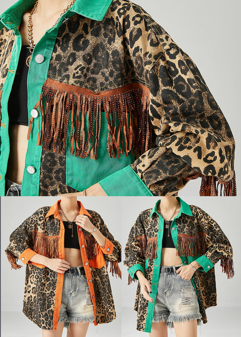 Green Tasseled Patchwork Leopard Print Cotton Coats Fall