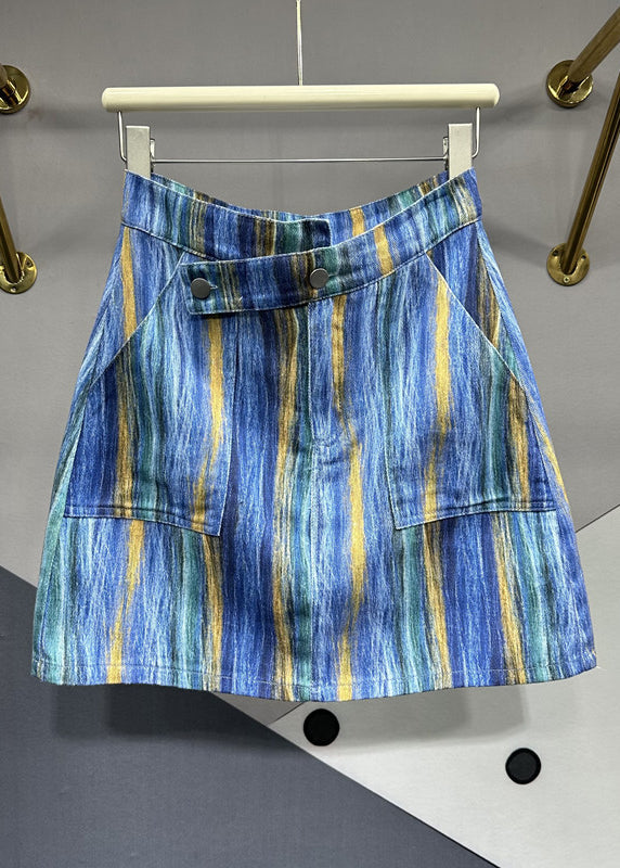 Blue Striped Asymmetrical Pockets Patchwork Denim Skirts Summer