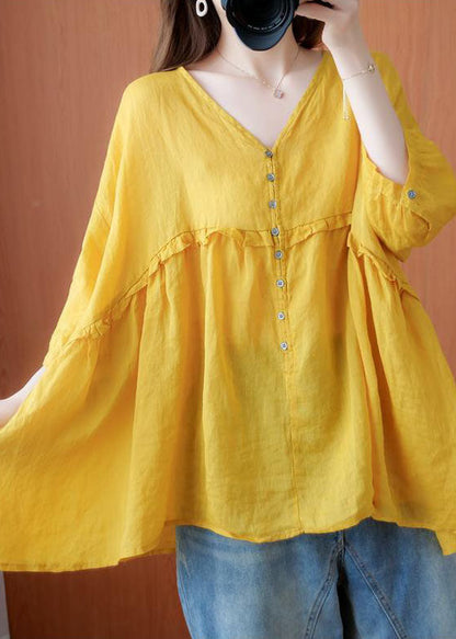 Art Yellow V Neck Button Ruffled Asymmetrical Design Fall Half Sleeve Shirt Top