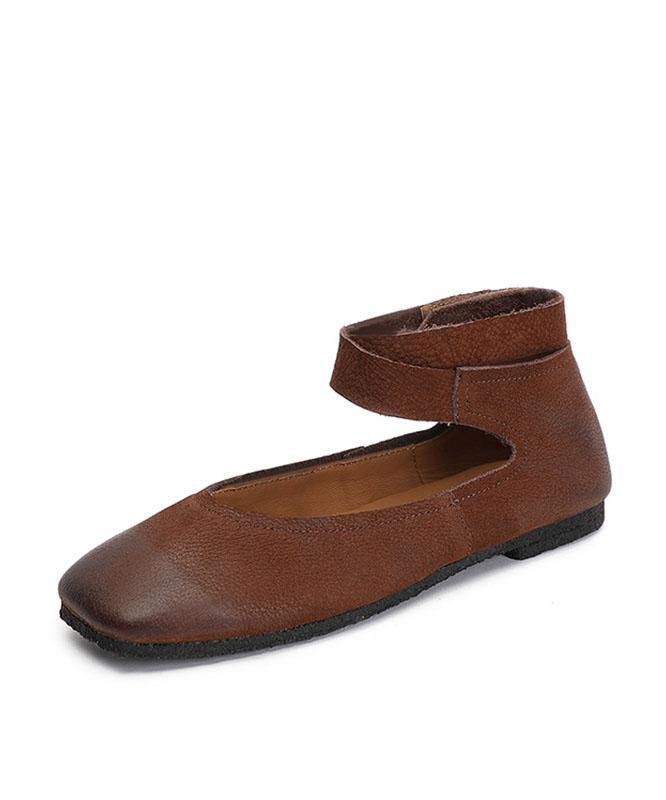 Chocolate Buckle Strap Ballet Flats Shoes Cowhide Leather