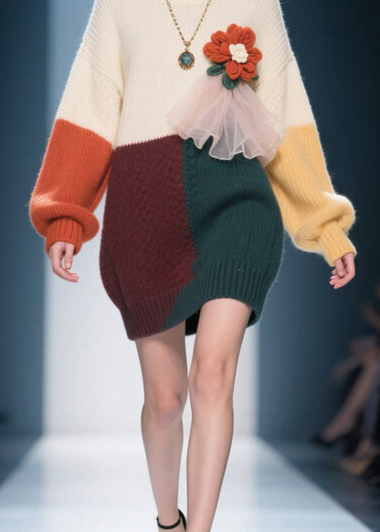 Natural Colorblock O Neck Knit Sweater Dress Winter