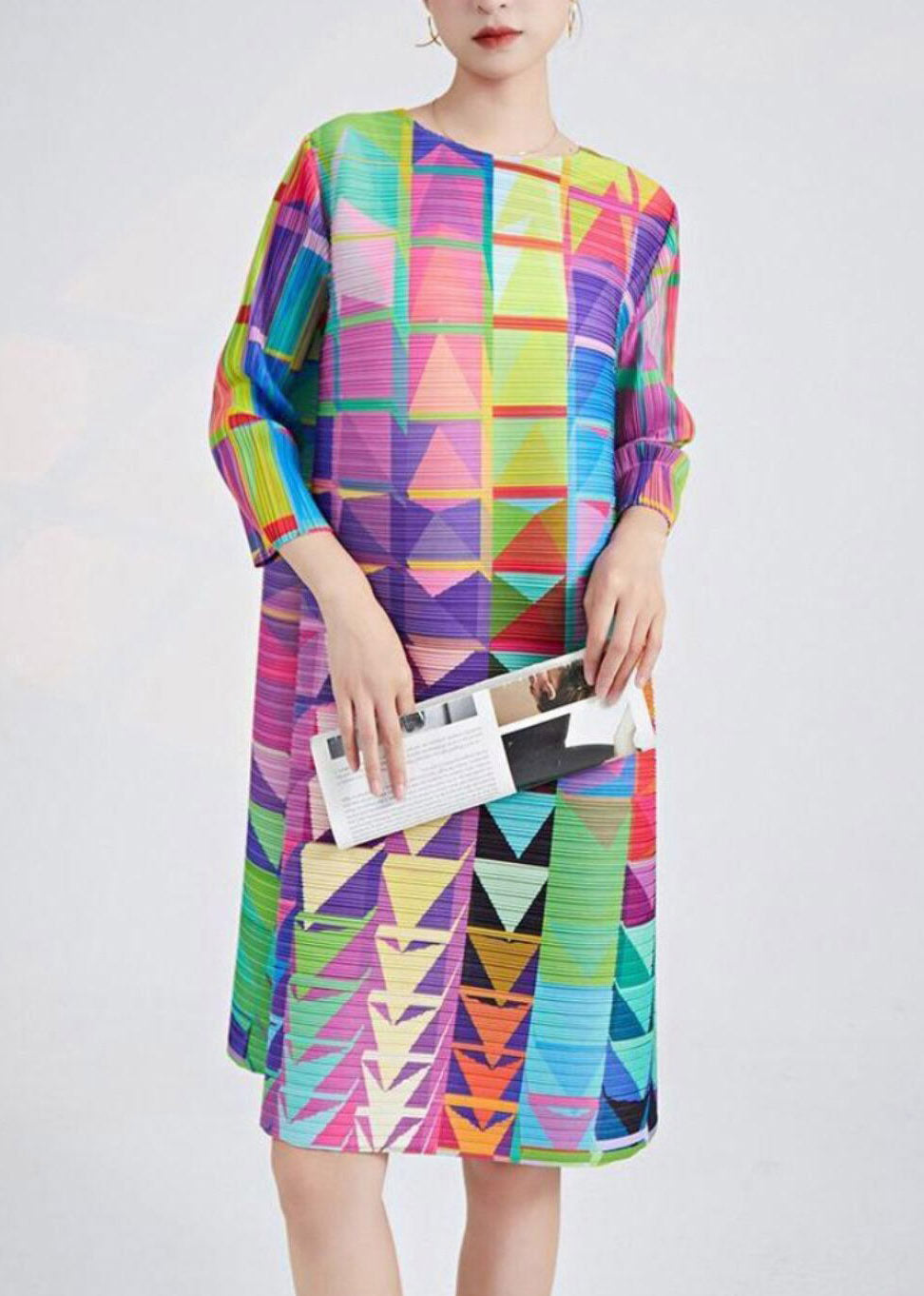 Organic Rainbow O-neck Print Long Dress Three Quarter Sleeve