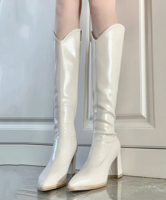 Beige Splicing Chunky Heel Boots Pointed Toe