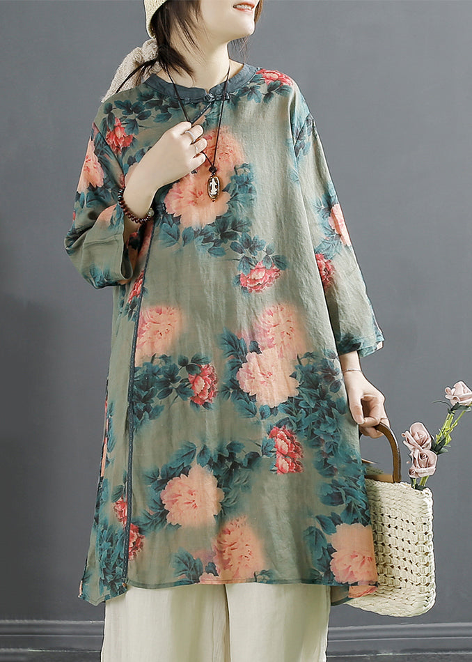 Green Print Oriental Linen Dress Bracelet Sleeve