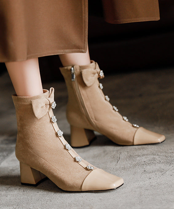 Apricot Bow Zircon Classy Splicing Chunky Boots