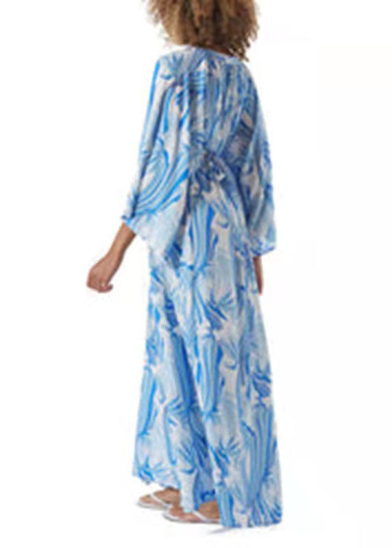 Stylish Blue Print Chiffon Tie Waist Kimono Robe Dresses