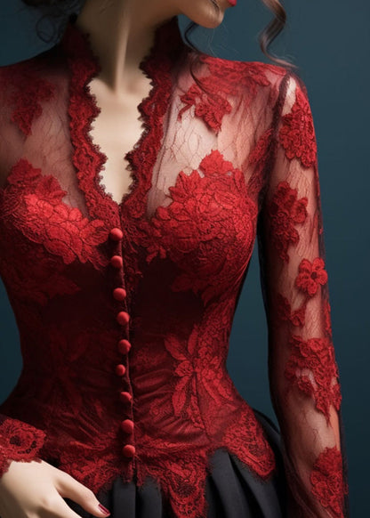 Slim Fit Red V Neck Hollow Out Lace Top Flare Sleeve Spring