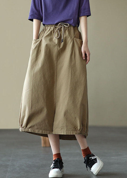 Light Green Elastic Waist Side Open Pockets Cotton Skirt Summer