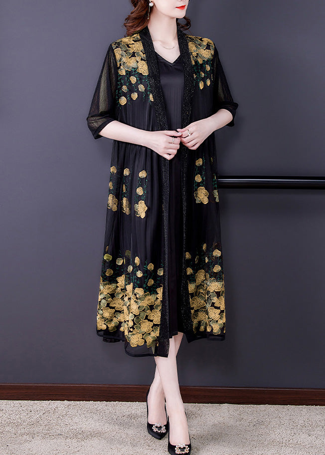 Novelty Yellow Embroideried Tulle Maxi Sunscreen Cardigan Short Sleeve