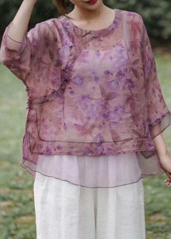 Purple Print Chinese Button Patchwork Linen Top Summer