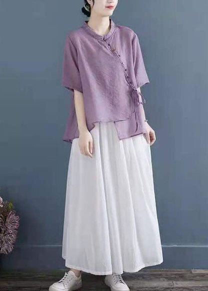 Purple Patchwork Shirt Top Chinese Style Button Half Sleeve