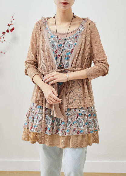 Khaki Hooded Patchwork Wrinkled Cotton Fake Two Piece Mini Dress Fall