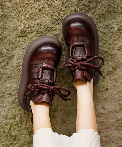 Coffee Platform Cowhide Leather Splicing Boots Lace Up
