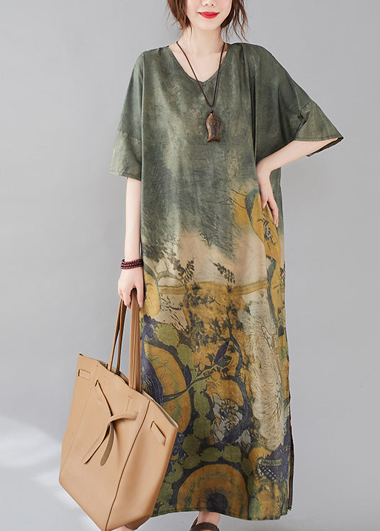 Green O-neck Print Side Open Long Dress Short Sleeve