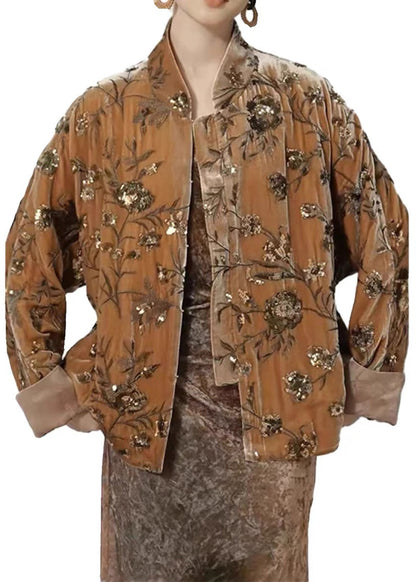 Chinese Style Brown Print Sequins Silk Velour Coat Spring