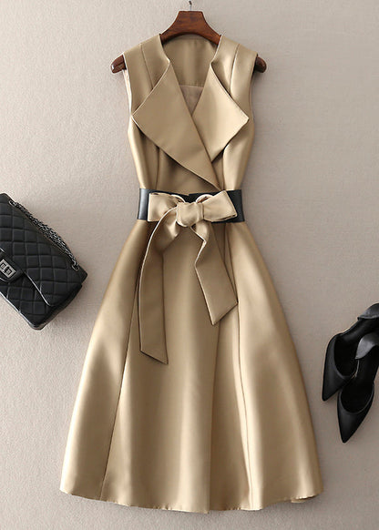Khaki Peter Pan Collar Bow Cotton Dress Sleeveless Summer