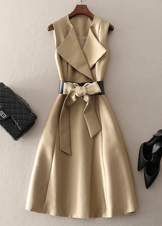 Khaki Peter Pan Collar Bow Cotton Dress Sleeveless Summer