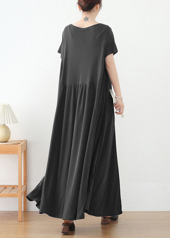 Grey O-neck Asymmetrical Design Long Dresses Short Sleeve