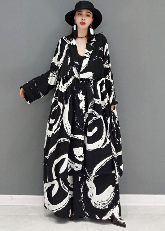 Black Ruffled Print Cotton Two Pieces Set Long Sleeve