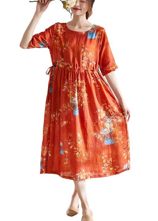 Style Orange Print O-neck Tie Waist Summer Ramie Party Dress Half Sleeve