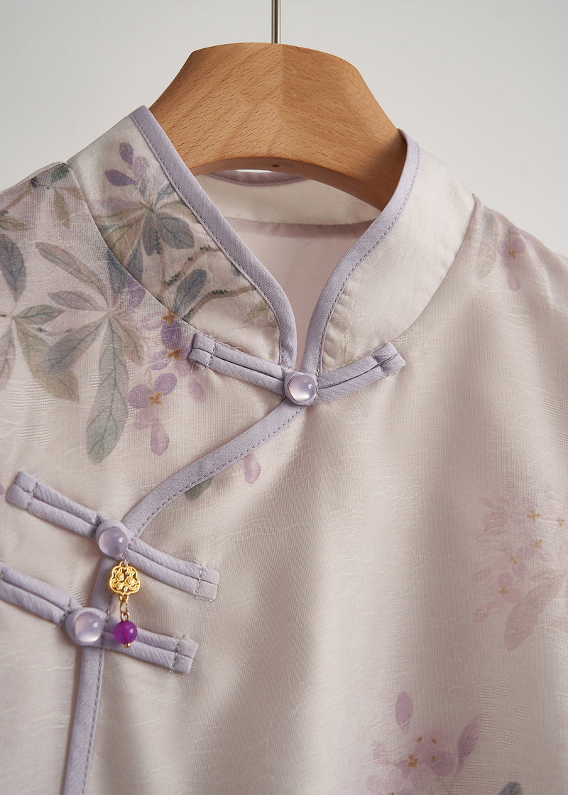 Chinese Style Purple Print Silk Oriental 2 Piece Outfit Fall