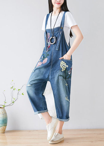 Blue Embroideried Cotton Denim Jumpsuits Spring