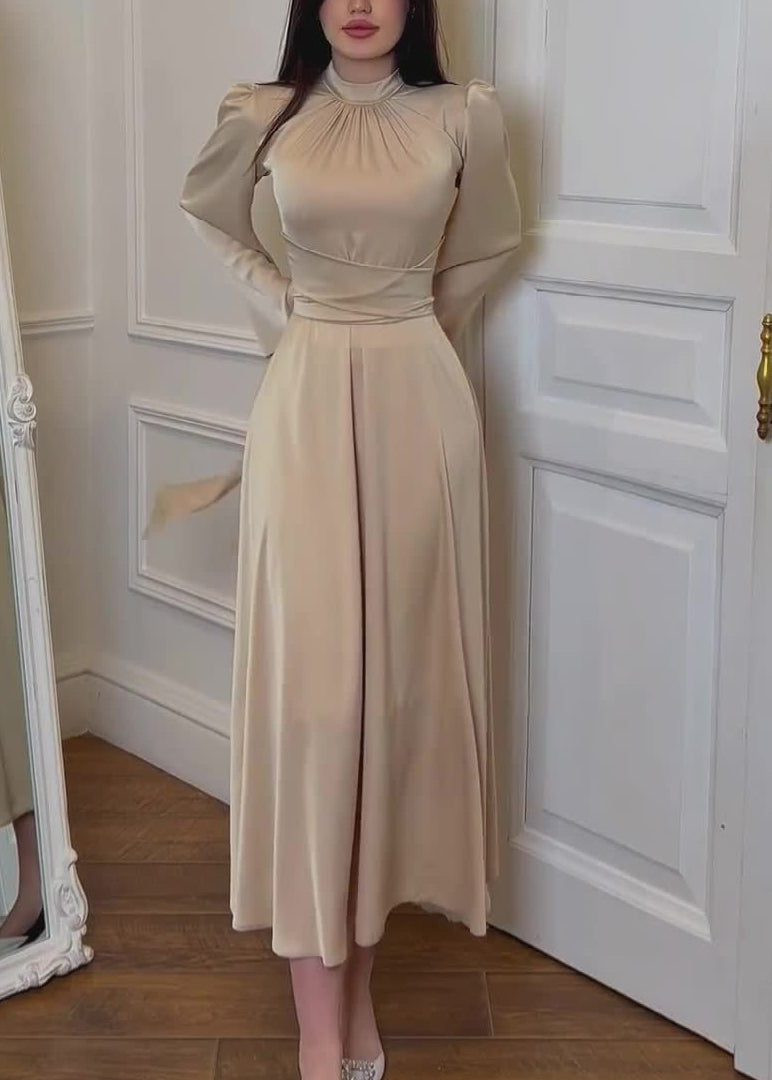 Apricot Stand Collar Lace Up Silk Dress Fall