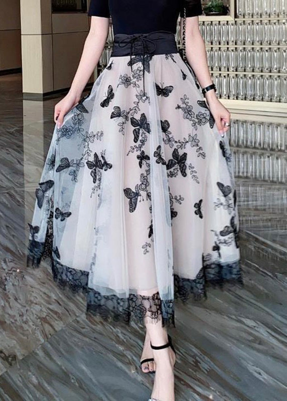 Beige Embroideried Tie Waist Tulle a Line Skirt Summer