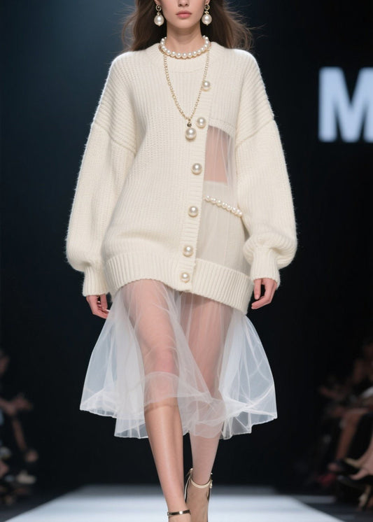 New Beige Nail Bead Tulle Patchwork Knit Sweaters Dress Fall