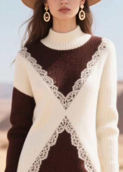 Chocolate Patchwork Lace Sweater Dress Winter