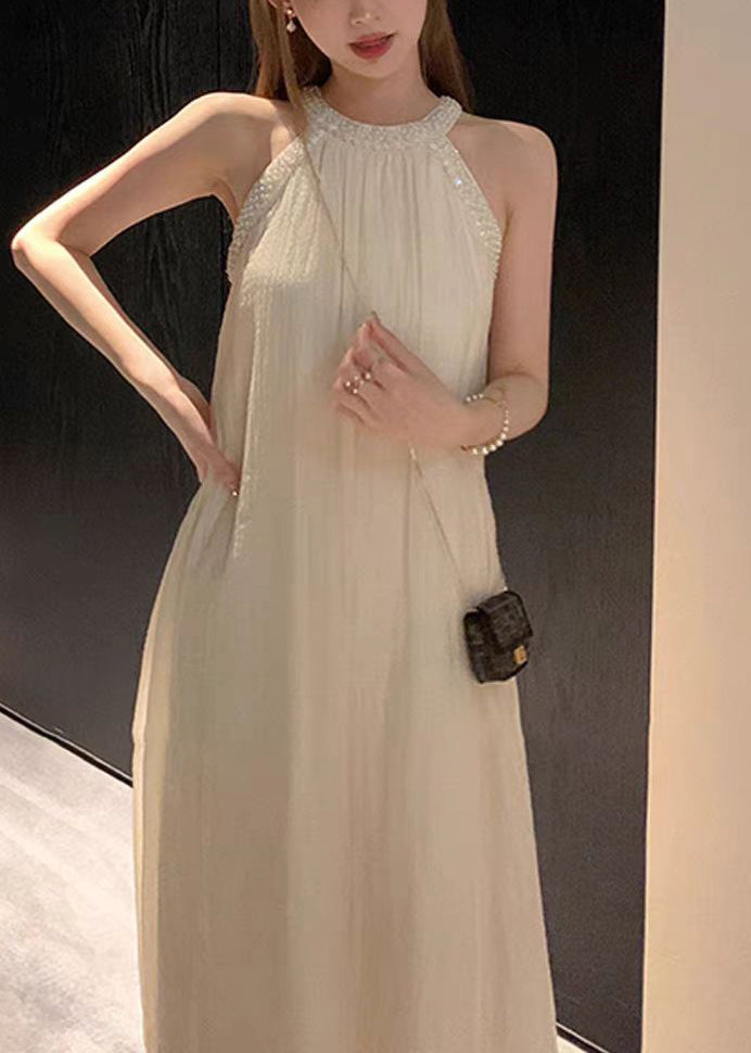 Pink Cold Shoulder Halter Cotton Long Dress Summer