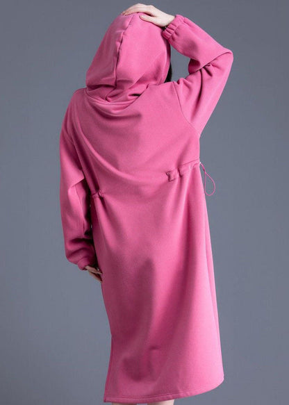 Pink Hooded Cinched Side Open Warm Fleece Sweatshirts Dress Spring
