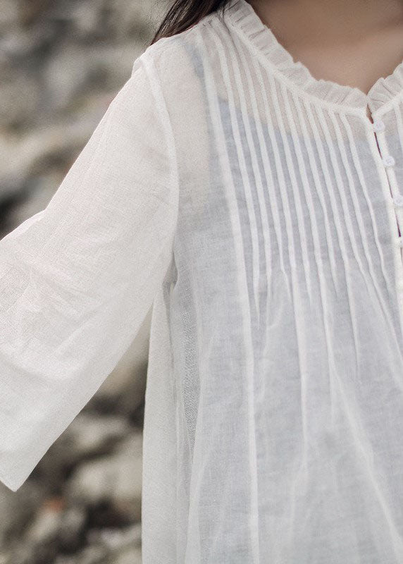Art White Ruffled Cotton Shirt Tops Three Quarter Sleeve
