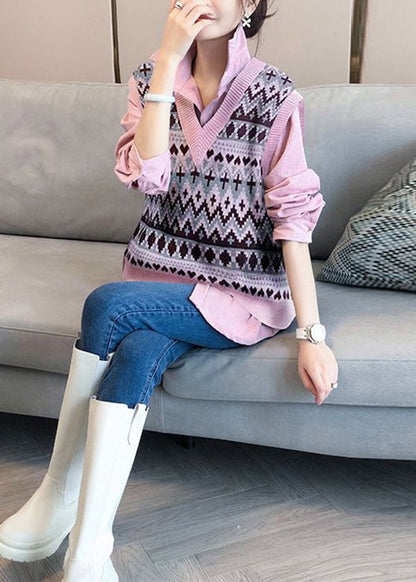 French Pink Peter Pan Collar Shirts and Vest Knit Two Piece Suit Set Fall