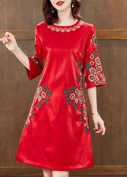 Red O-neck Print Silk Mid Dress Half Sleeve
