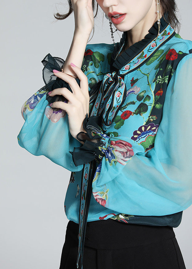 Indigo Stand Collar Print Tie Waist Silk Shirt Long Sleeve