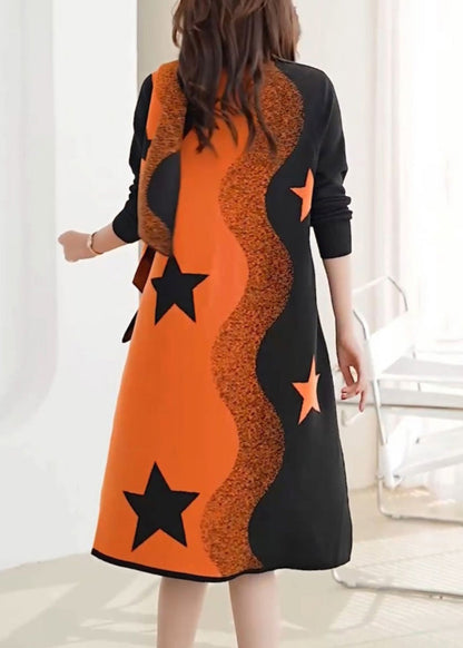 Orange Print Cozy Cotton Knit Two Piece Suit Long Sleeve