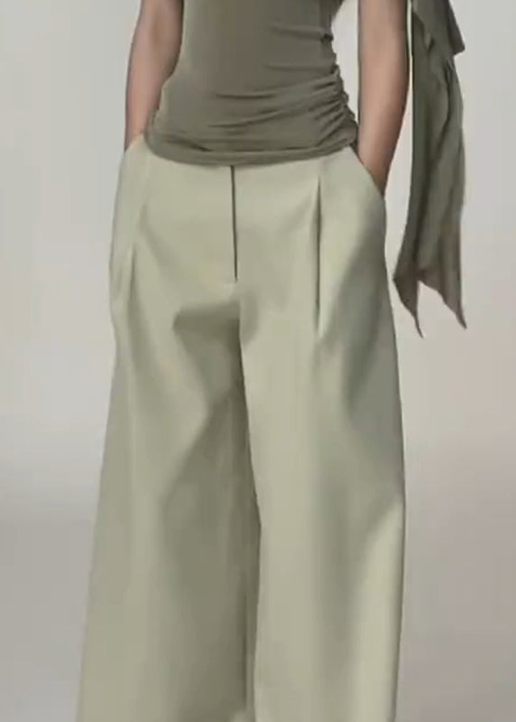 Simple Light Green Pockets High Waist Spandex Wide Leg Pants Fall