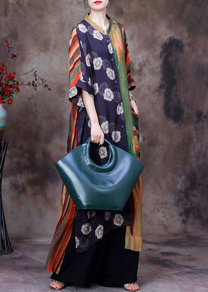 Colorblock Print Patchwork Low High Design Silk Two Pieces Set Summer