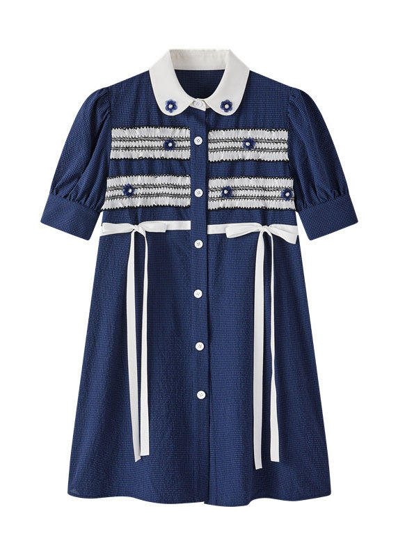 Navy Bow Button Patchwork Nail Bead Fall Short Sleeve Dresses