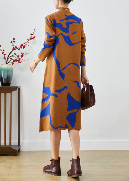 Camel High Neck Print Knit Dress Fall