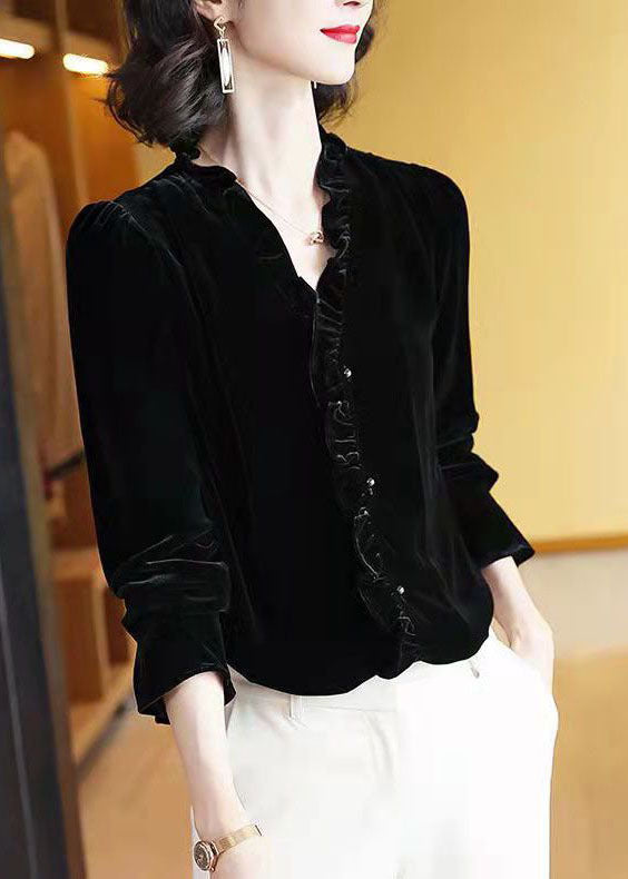 Simple Black V Neck Ruffled Velour Top Long Sleeve