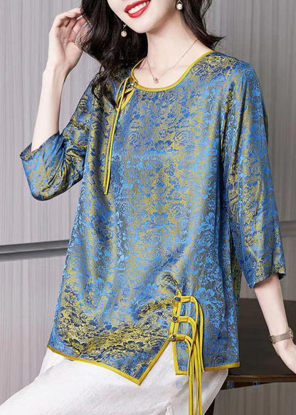 French Blue O-neck Asymmetrical Jacquard Silk Top Half Sleeve