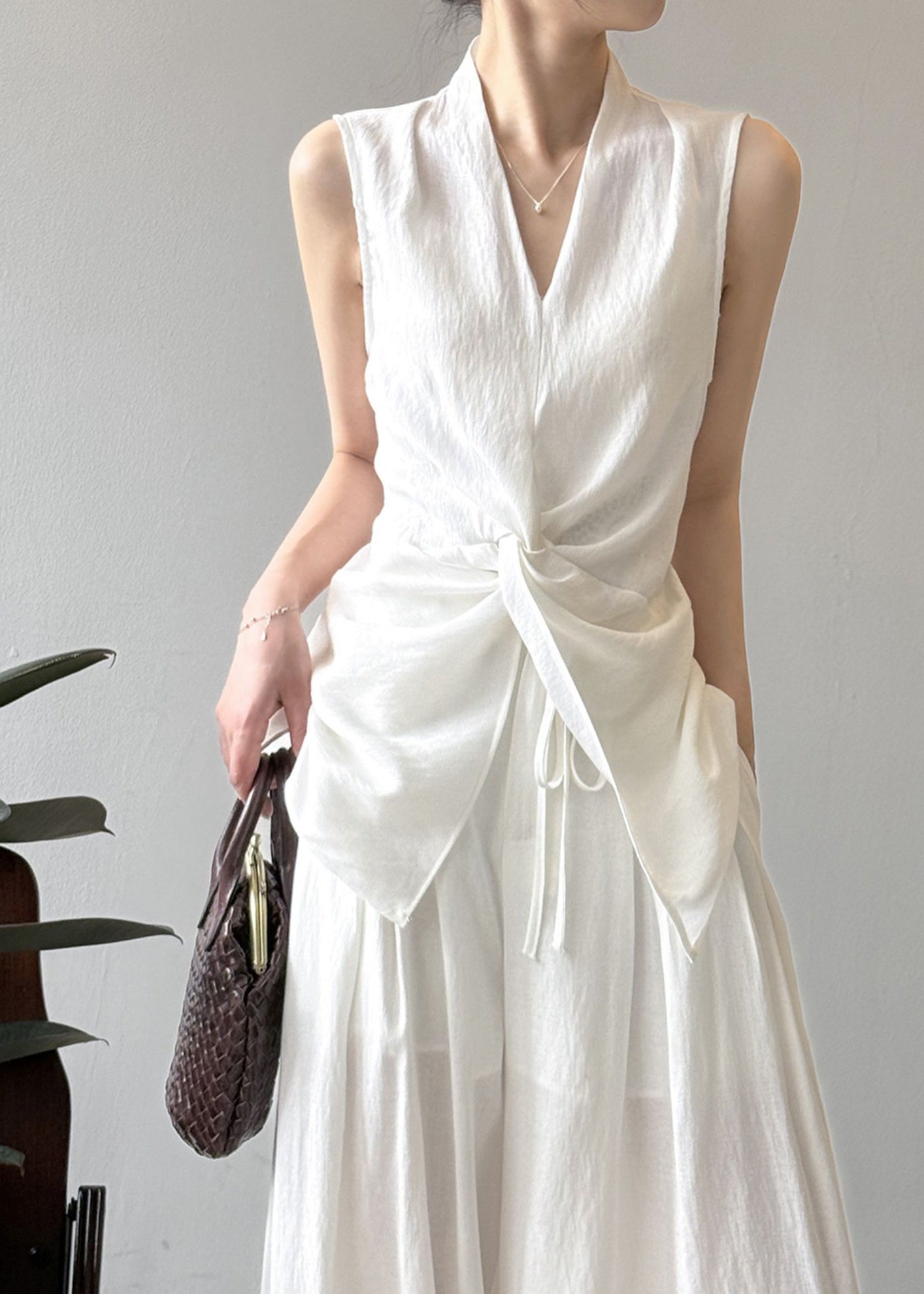 White Asymmetrical Silm Fit Linen Two Pieces Set Sleeveless