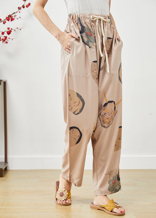 Khaki Elastic Waist Monsters Print Silk Pants Fall