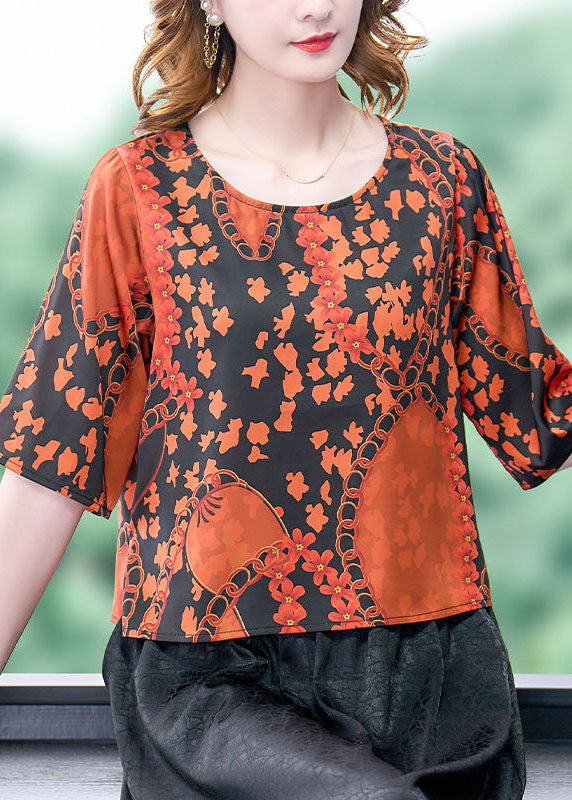 Orange O-neck Print Silk Shirt Top Short Sleeve