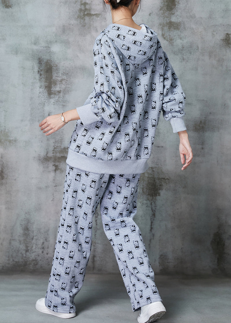 Grey Oversized Cat Print Cotton Two Pieces Set Spring