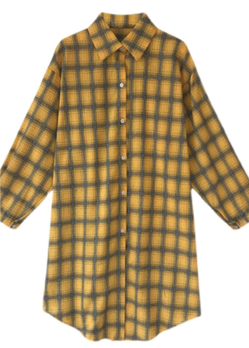 Yellow Peter Pan Collar Plaid Button Long Shirt Spring