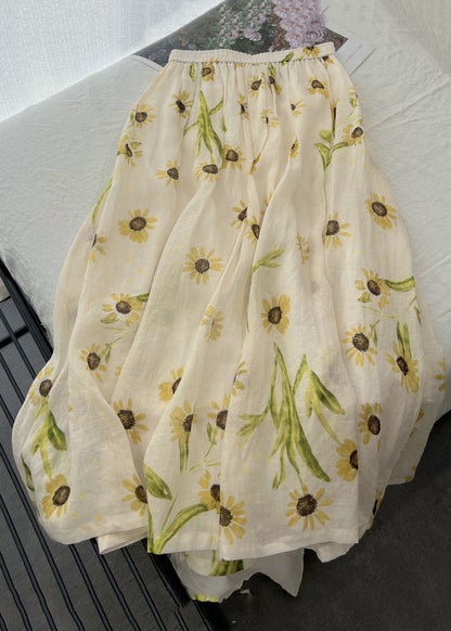 Beige Print Pockets Elastic Waist Cotton Skirt Summer