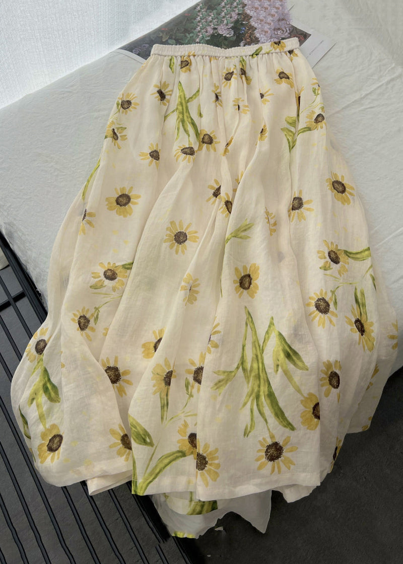 Beige Print Pockets Elastic Waist Cotton Skirt Summer